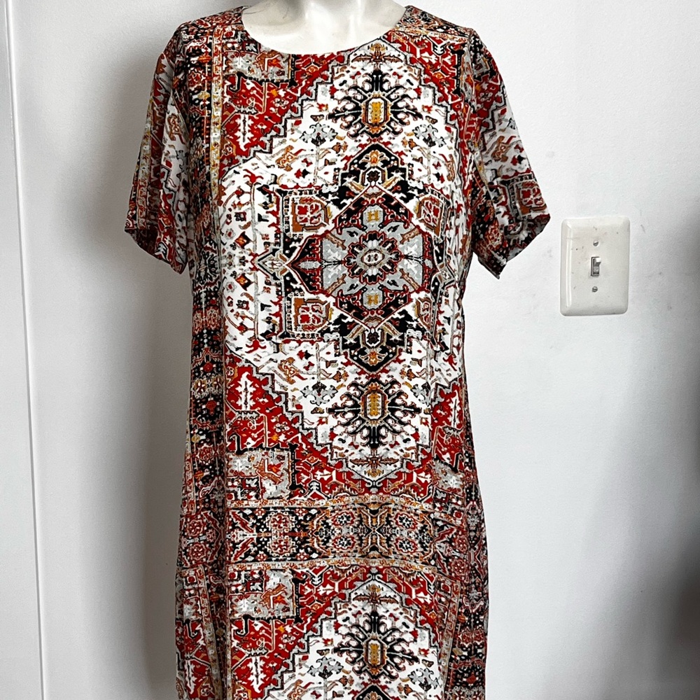 Olivaceous Red and White Geometric Dress